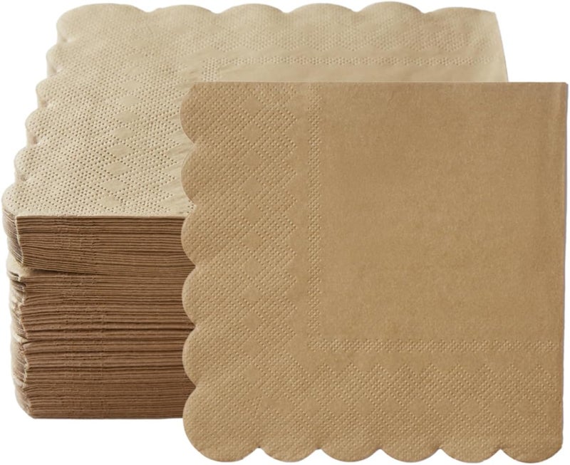 BEFORYOU 100 Pack Cocktail Napkin 2-Ply Scalloped Edged Dessert Napkins Folded 5 x 5 Inches Disposable Napkins for Dinner Wedding Birthday Party Bridal Anniversary Reception Event (Brown) - Image 4